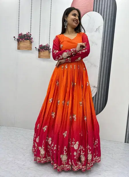 Pf 017 Heavy Chinon With Heavy Embroidery Sequence Work Gown
